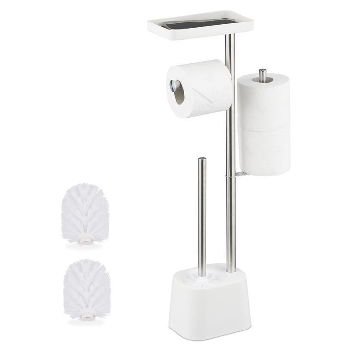 Стойка за тоалетна хартия Relaxdays, 65.5 x 29 x 11 см, неръждаема стомана/пластмаса, тоалетна четка + 2 пълнителя, бял
