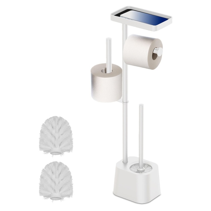 Стойка за тоалетна хартия Relaxdays, с рафт за мокри кърпички, 65.5 x 29 x 11.5 см, метал/пластмаса, ролка тоалетна хартия, четка за тоалетна + 2 резервни, бяла