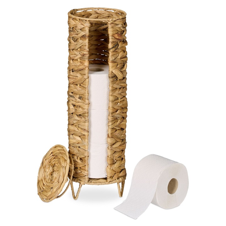 Suport depozitare hartie igienica Relaxdays, 50.5 x 16 cm, material impletit, capacitate 4 role, Maro