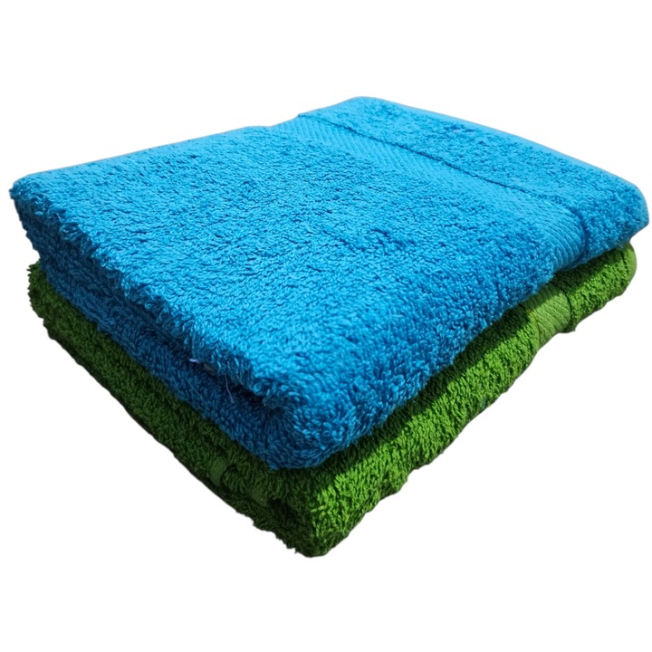 Set 2 Prosoape Baie 70cm x 120cm, 2 Piese, 100% Bumbac, absorbant, rezistent, ideal pentru uz zilnic, VERDE+ ALBASTRU