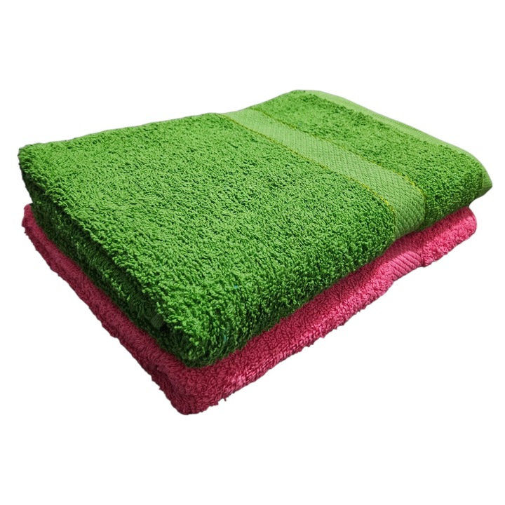Set 2 Prosoape Baie 70cm x 120cm, 2 Piese, 100% Bumbac, absorbant, rezistent, ideal pentru uz zilnic, ROZ + VERDE