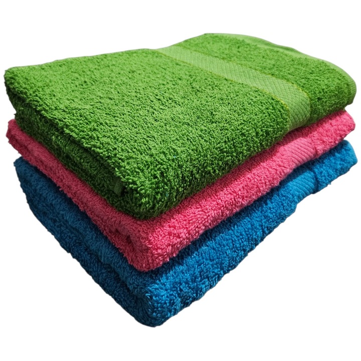 Set 3 Prosoape Baie 70cm x 120cm, 3 Piese, 100% Bumbac, absorbant, rezistent, ideal pentru uz zilnic, ALBASTRU + VERDE+ ROZ