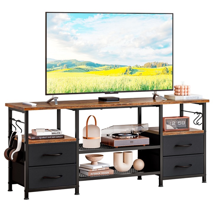 Comoda TV Taotigzu, cu 4 sertare textile si 5 compartimente deschise, cadru din otel, 120x30x50cm, pentru televizoare de pana la 55 inch