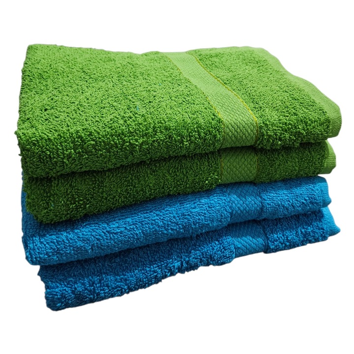 Set 4 Prosoape Baie 70cm x 120cm, 4 Piese, 100% Bumbac, absorbant, rezistent, ideal pentru uz zilnic, 2 VERDE + 2 ALBASTRE