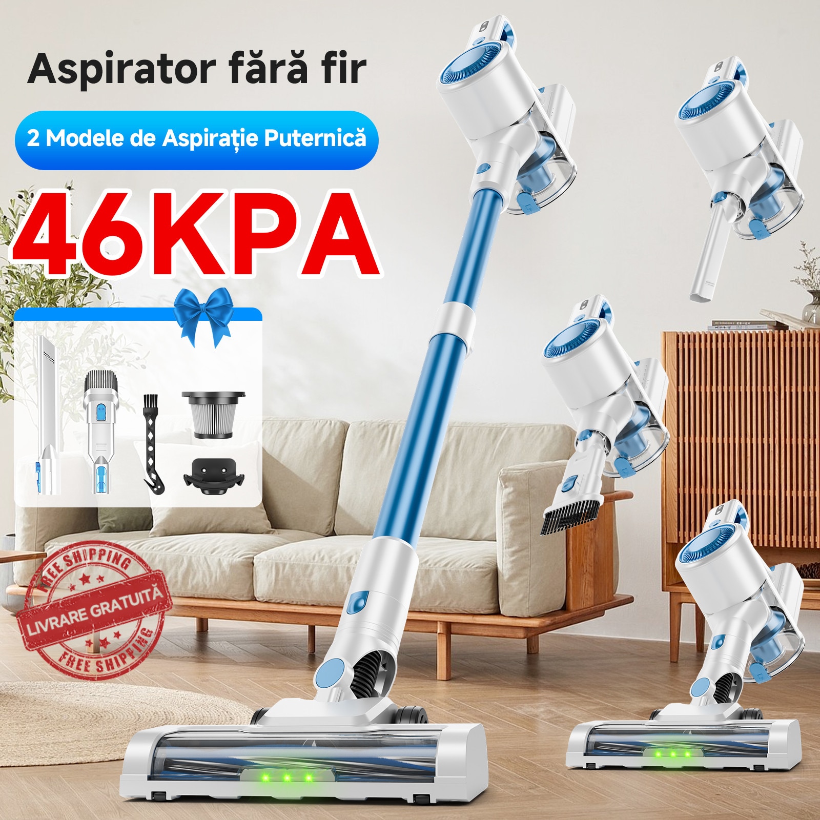 Aspirator fara fir keyyet B150E, suflaj puternic 40KPA, 45 min autonomie, albastru, set complet（Albastru）