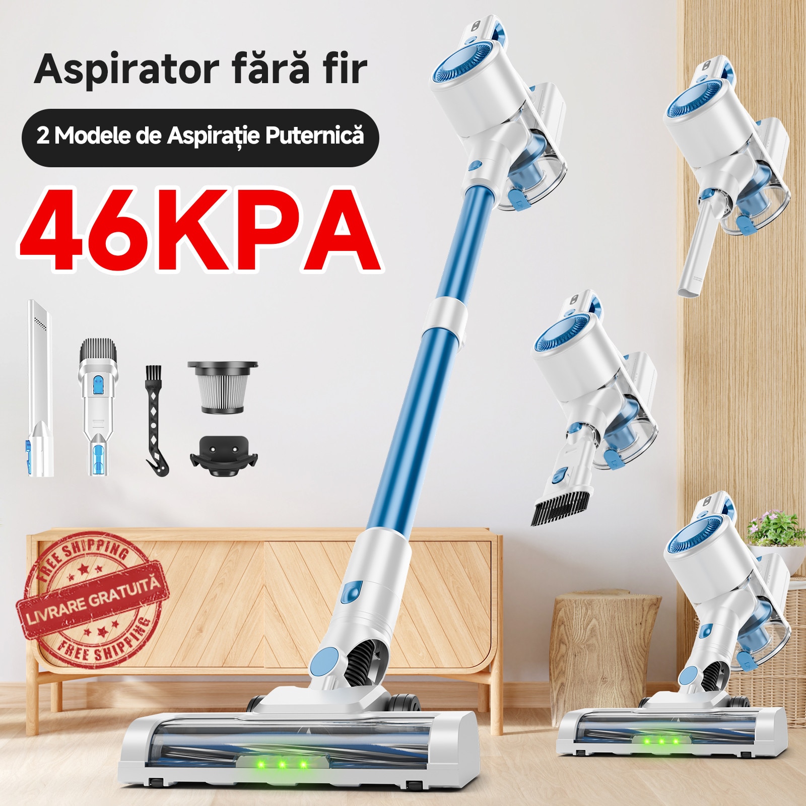 Aspirator fara fir keyyet B150E, suflaj puternic 40KPA, 45 min autonomie, albastru, set complet（Albastru）
