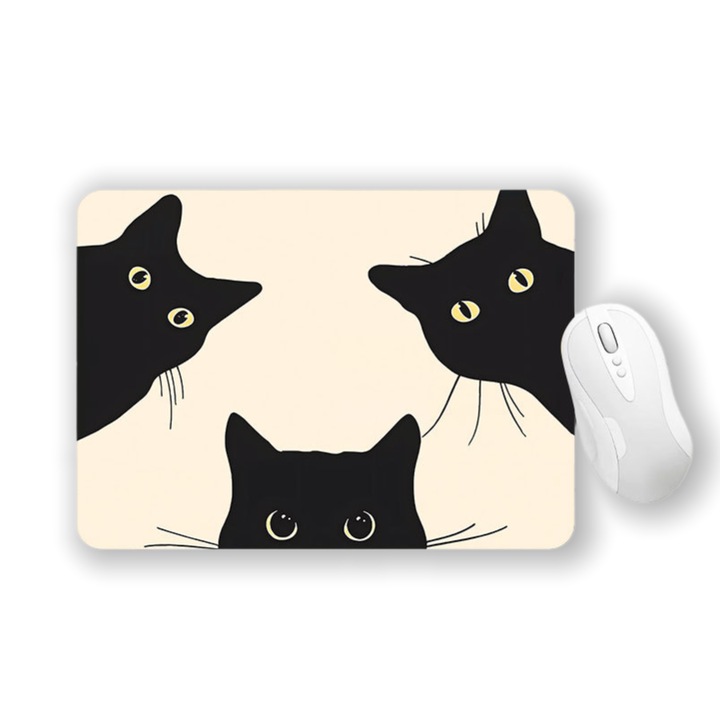 Mousepad negru pisica, 21x26x0.2cm, suprafata neteda, baza cauciuc antiderapant