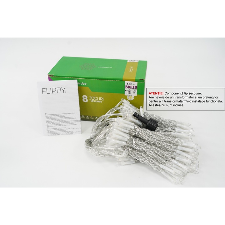 Sectiune Instalatie de Craciun Leski Tip Perdea, 8 jocuri de lumini, 2m x2 m, 240 LED-uri, Interconectabila, Fir Transparent, Alb-cald