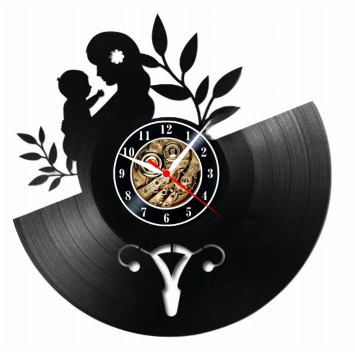 Стенен часовник за гинекология "Чудото на живота", дизайн "Майка и дете", ръчно изработен от рециклирана винилова плоча, 30 см