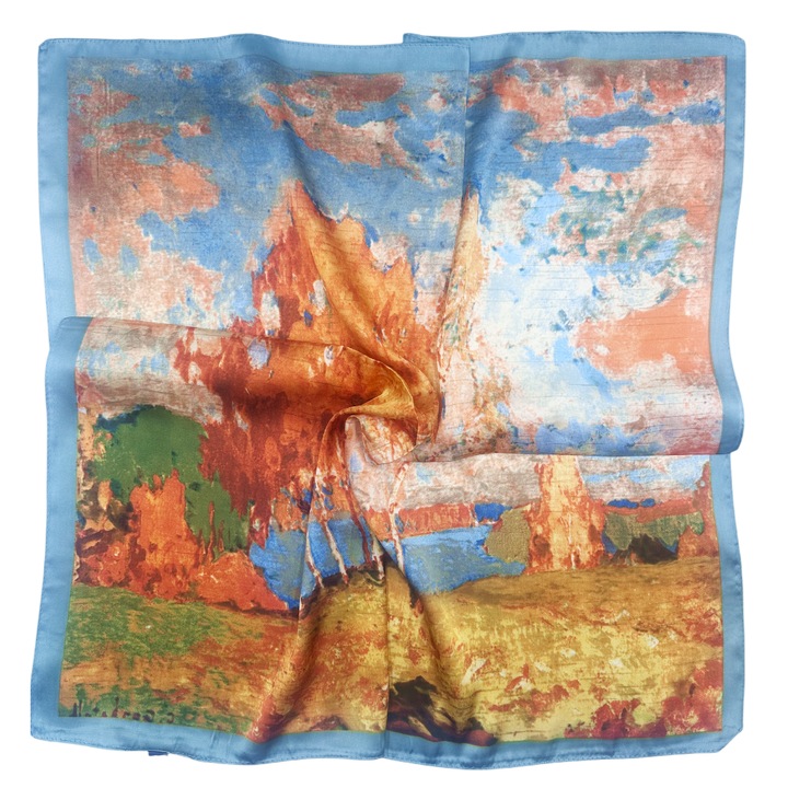 Esarfa dama WENDY cu pictura, Albastru/ Aramiu, 70x70cm