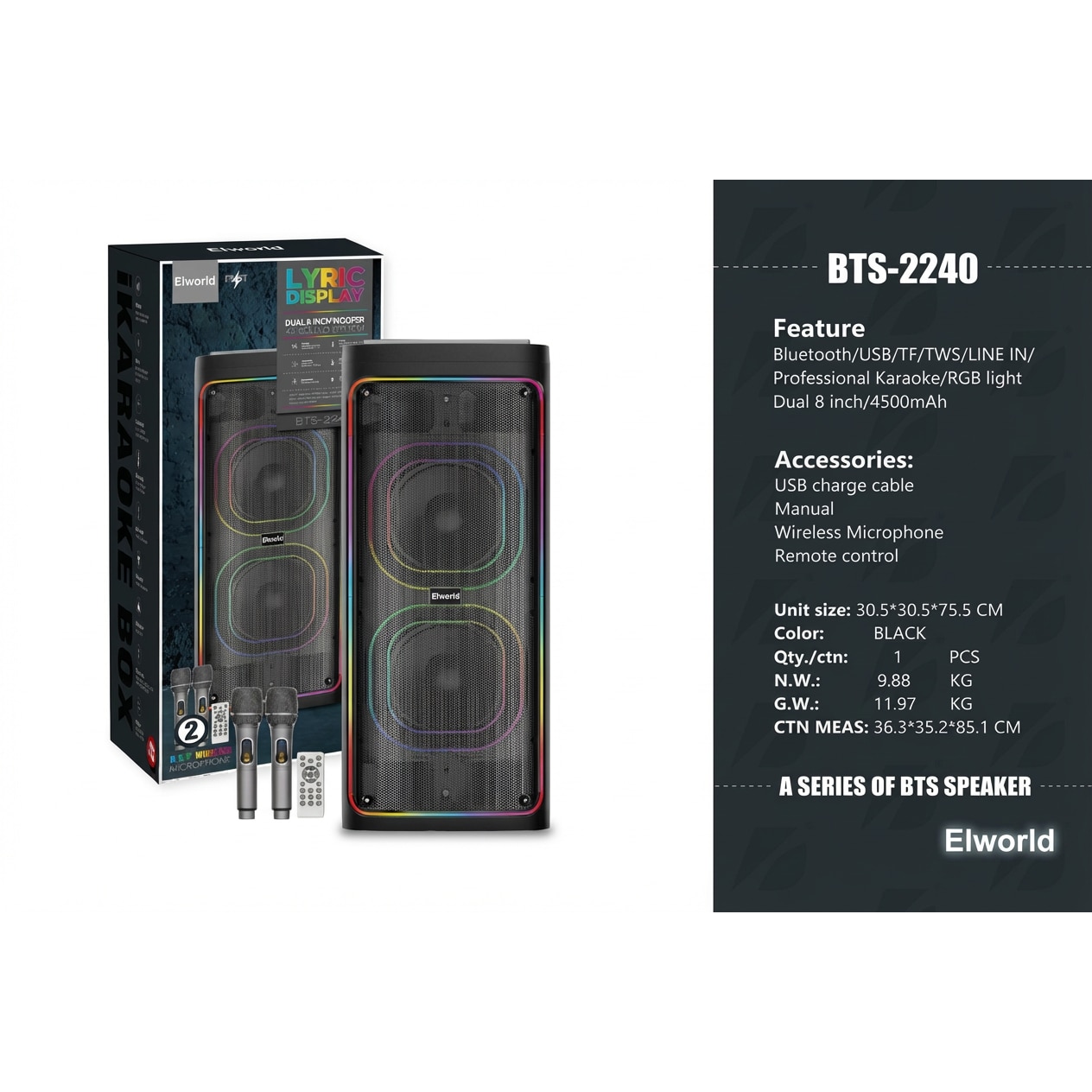 bts Boxa Bluetooth karaoke portabila Elworld BTS-2240, pentru interior