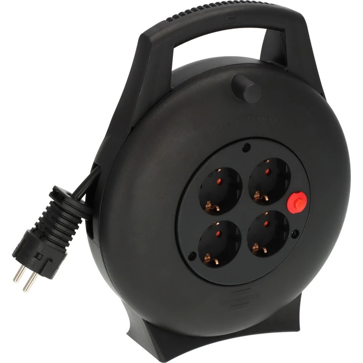 Prelungitor cu rola si cablu 10 metri, 4 prize cu impamantare, Protectie la Supraincalzire si Impotriva Contactului Accidental, Design Compact cu Maner Ergonomic, 16 A, 3000 W, IP20, Negru-Gri