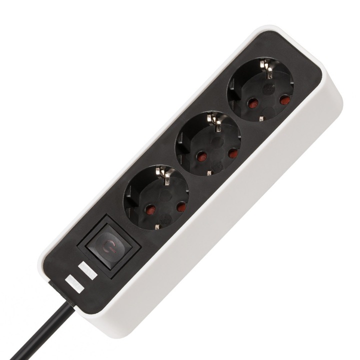 Prelungitor cu 3 Prize Independente, Cablu 1.5 Metri, Protectie Copii Si Protectie Suprasarcina, Comutator Iluminat On/Off, Design Elegant Negru-Alb