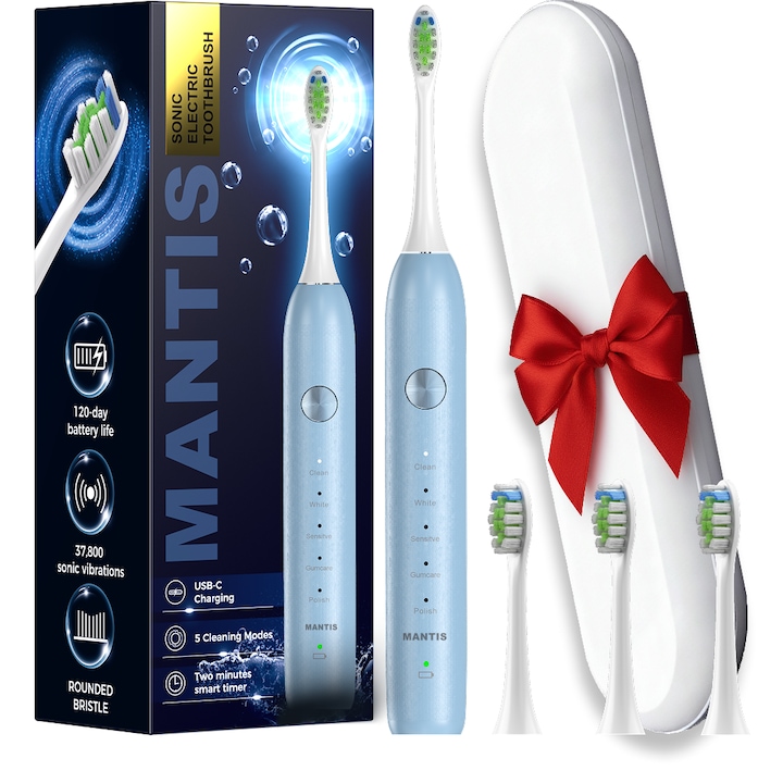 Periuta dinti electrica sonica MANTIS K1 SONIC BLUE, 120 zile baterie, 5 moduri, 37.800 miscari/min, 3 capete, Periuta dinti sonica cutie depozit, periuta dinti sonica reincarcabila pentru acasa calatorii, periuta dinti electrica cu protectie gingivala