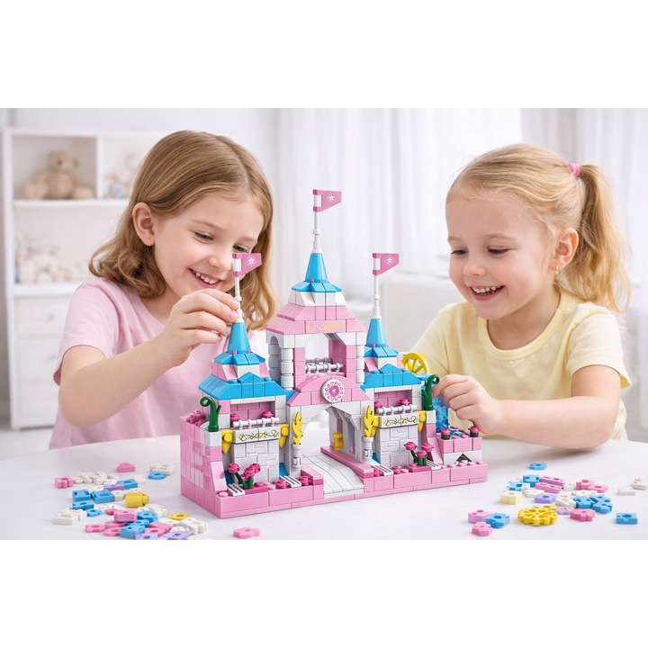Set de constructie castel din blocuri, 1000 piese, model roz, pentru copii 6+ ani, dimensiuni 22 x 9 x 21cm