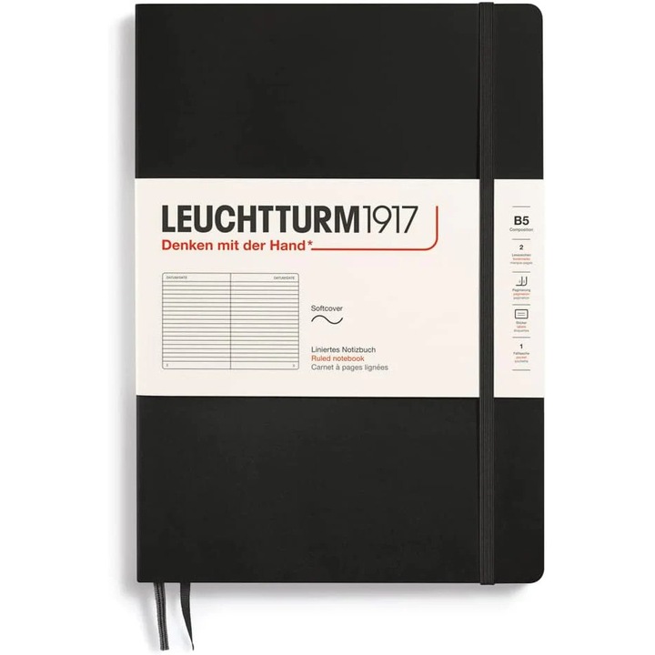 Carnet Leuchtturm1917, B5, copertă flexibilă, 123 pagini, dictando, negru