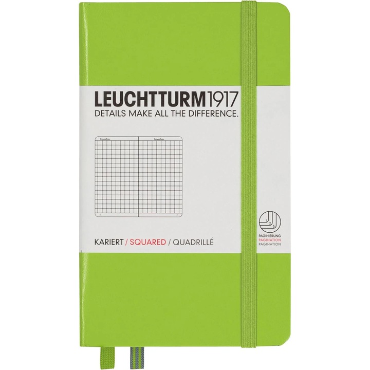 Carnet Leuchtturm1917 A6, 185 pagini, coperta rigida, verde lime, liniatura matematică