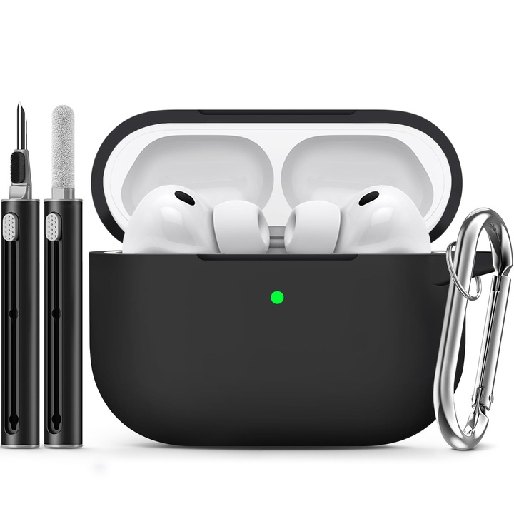 Carcasa compatibila cu AirPods Pro 3, VGMANNTA, silicon, rezistenta la apa si praf, neagra, cu penel de curatare si breloc