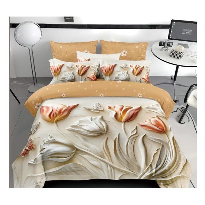 Lenjerie pentru pat dublu, din finet cu 4 piese cu elastic, model 5D cod WD10