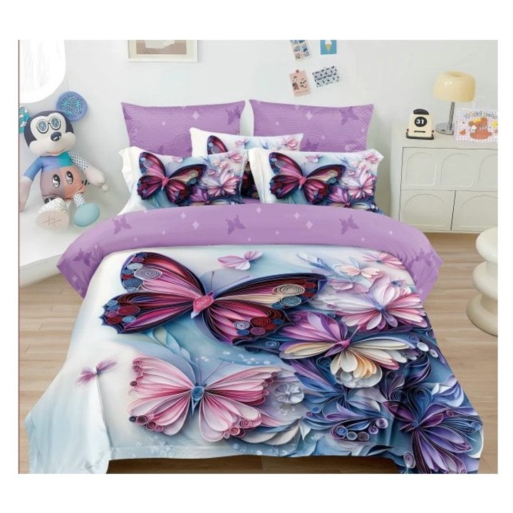 Lenjerie pentru pat dublu, din finet cu 4 piese cu elastic, model 5D cod WD13