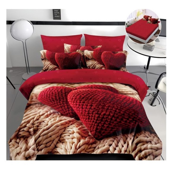 Lenjerie pentru pat dublu, din finet cu 4 piese cu elastic, model 5D cod WD18