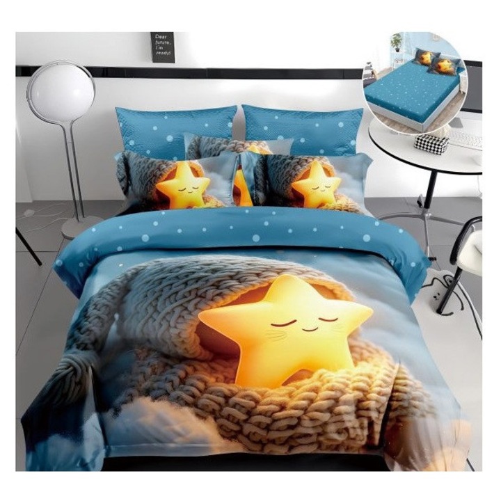 Lenjerie pentru pat dublu, din finet cu 4 piese cu elastic, model 5D cod WD26