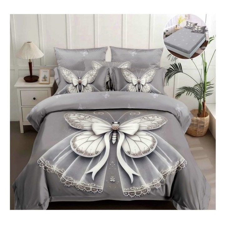 Lenjerie pentru pat dublu, din finet cu 4 piese cu elastic, model 5D cod WD31