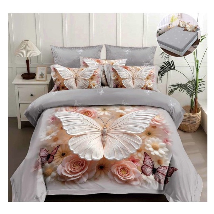 Lenjerie pentru pat dublu, din finet cu 4 piese cu elastic, model 5D cod WD32