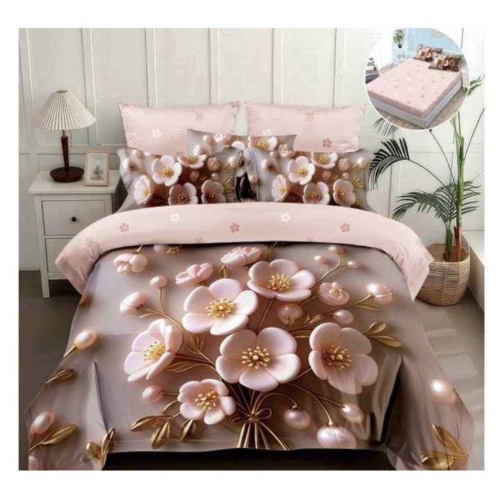 Lenjerie pentru pat dublu, din finet cu 4 piese cu elastic, model 5D cod WD37