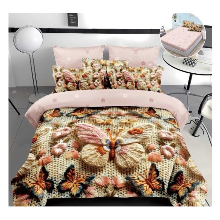 Lenjerie pentru pat dublu, din finet cu 4 piese cu elastic, model 5D cod WD41