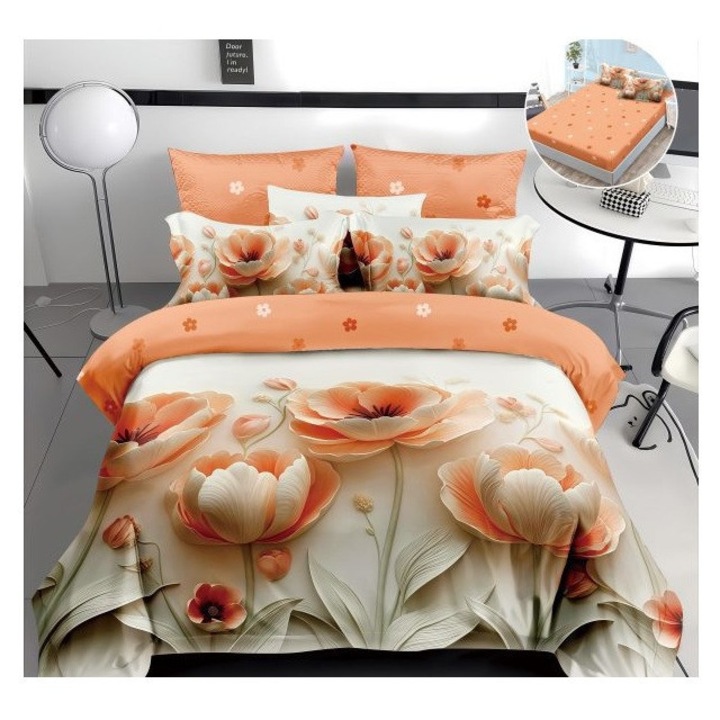 Lenjerie pentru pat dublu, din finet cu 4 piese cu elastic, model 5D cod WD45