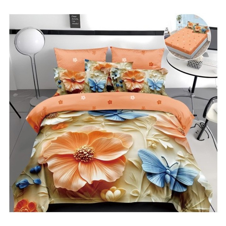 Lenjerie pentru pat dublu, din finet cu 4 piese cu elastic, model 5D cod WD46