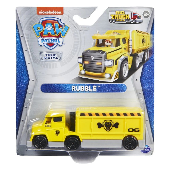 Camion metalic Paw Patrol Rubble, 1:55, galben, 17.80x16.20x4.40cm