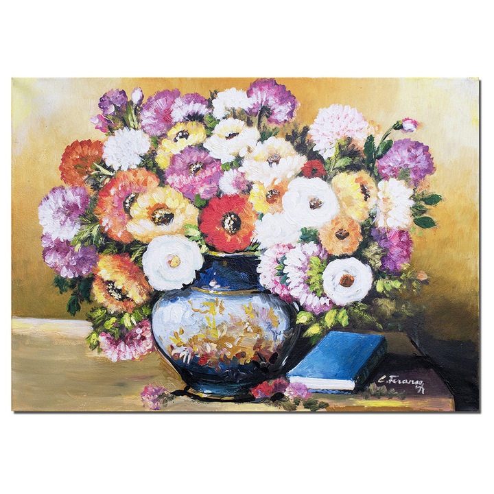 Tablou cu flori si carte pictat manual in ulei pe panza, Poezie florala, 70x50cm, Constantin Feraru