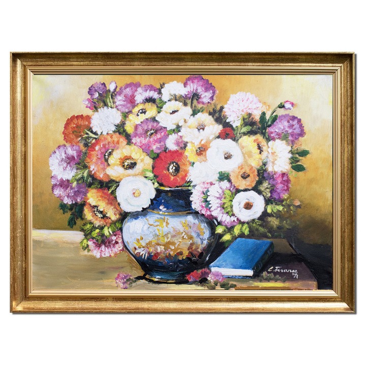 Tablou inramat cu flori si carte pictat manual in ulei pe panza, Poezie florala, 70x50cm, Constantin Feraru