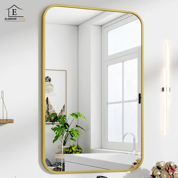 Oglinda Decorativa Elindor® Agatare pe Perete sau Sprijinita, Aurie, Dreptunghiulara, Colturi Rotunjite, Moderna si Eleganta, Reflexie HD, Sticla fara Distorsiuni, Ideala pentru Dormitor, Living, Birou, Dressing, Hol, Baie, Rama Metalica, 90x60 cm