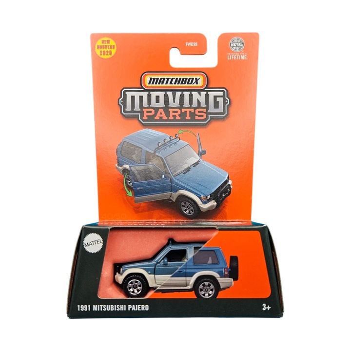 Количка Matchbox Moving Parts, Mitsubishi Pajero 1991, синя, мащаб 1:64, движещи се части