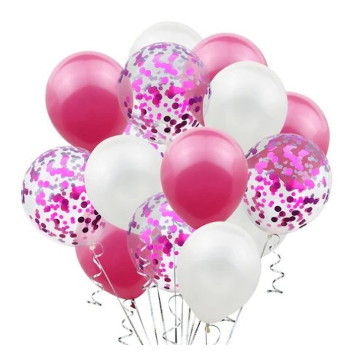 Комплект 15 балона за парти, Лески, бял/розов, 30 см