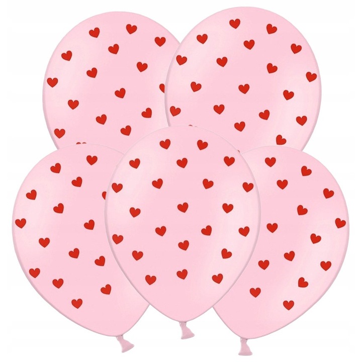 Розови балони с червени сърца, Party deco, комплект 5 броя, 30 см