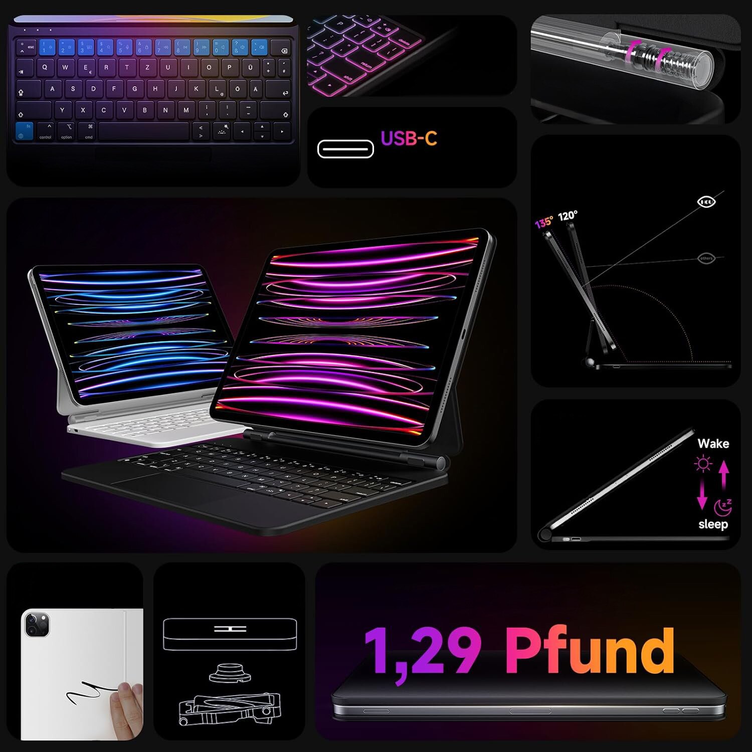 Husa cu tastatura pentru iPad Air/Pro 11" (2025, 2024), suport magnetic, iluminare 7 culori, ultra-subtire, 1.45 cm, 0.64 kg