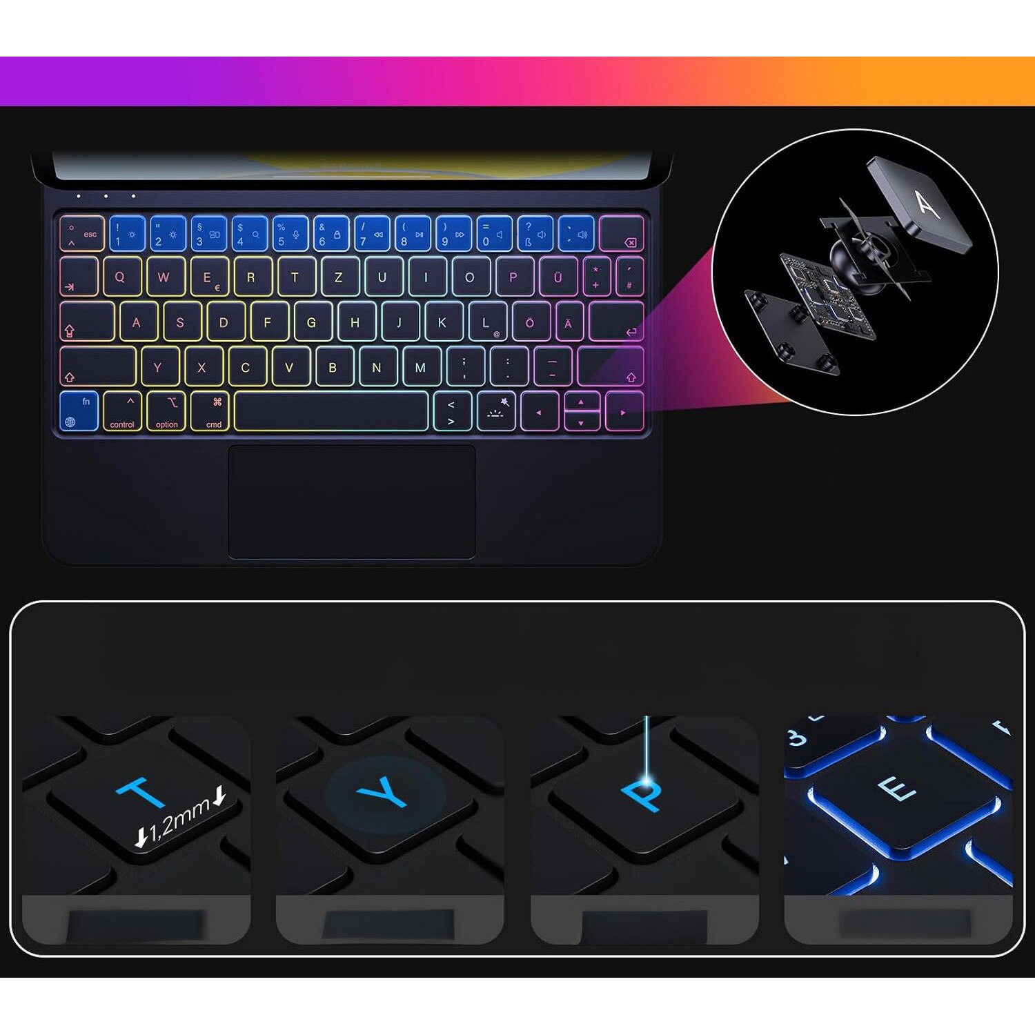Husa cu tastatura pentru iPad Air/Pro 11" (2025, 2024), suport magnetic, iluminare 7 culori, ultra-subtire, 1.45 cm, 0.64 kg