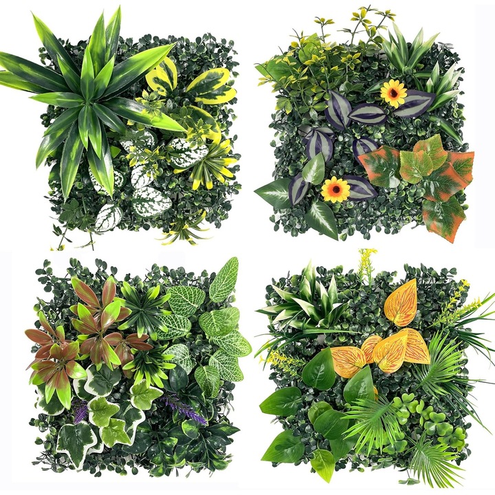 Комплект 4 Панела Изкуствени Растения, ComResi, Зелено-Жълт, 25x25см