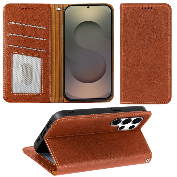 Husa pentru Samsung Galaxy S25 Ultra, Omelivon, Flip din Piele cu Portofel Interior, Maro