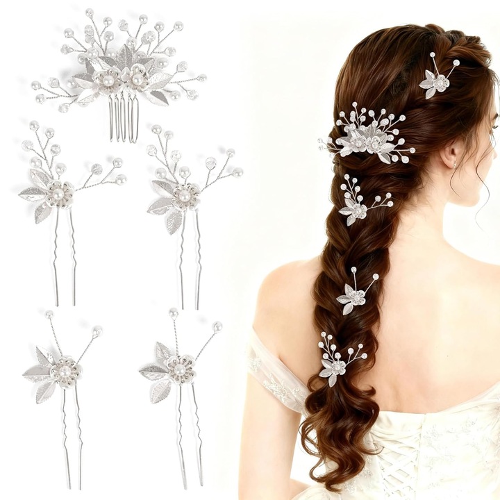 Agrafe de par elegante cu frunze florale si perle, Accesorii de par de nunta cu strasuri pentru mirese, Set de 5 ，Argintiu sclipicios