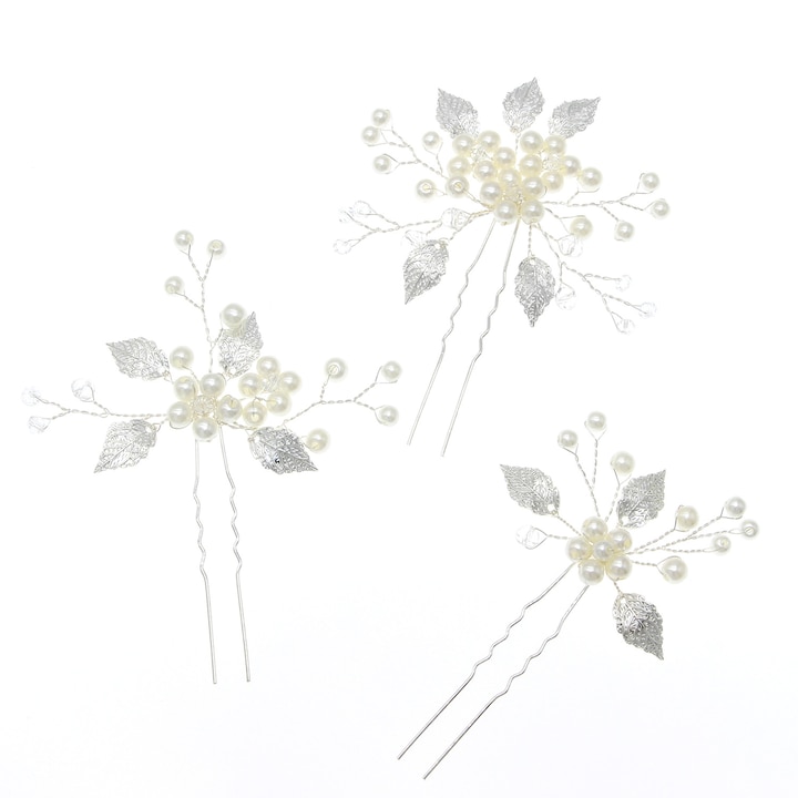 Agrafe de par pentru mireasa cu perle, model frunze, accesorii de par pentru femei si fete (pachet de 3) ，argintiu metalizat