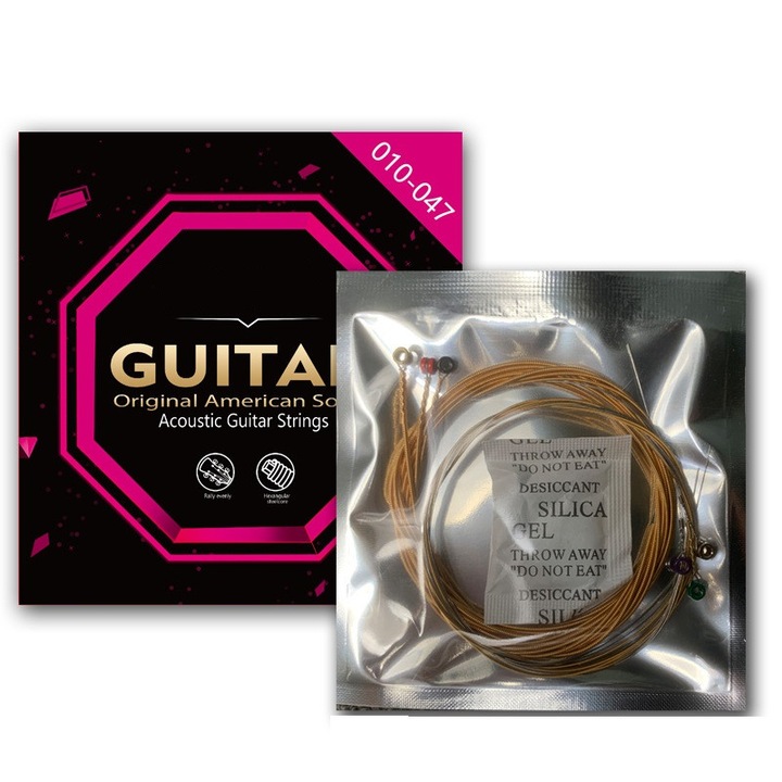 Пълен комплект от 6 струни за акустична фолк китара, фосфорно-медни, калибър 010 против ръжда, картонена кутия, розови