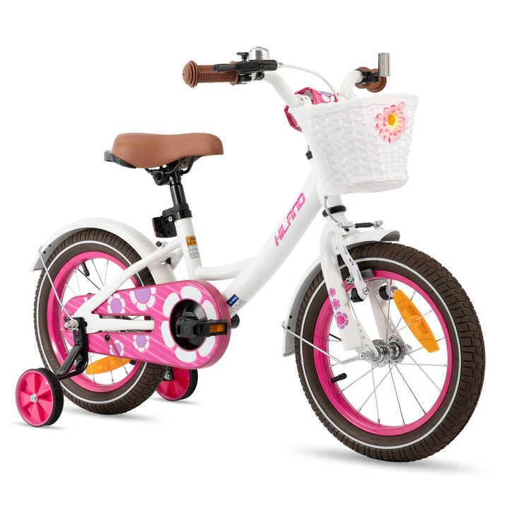 Bicicleta pentru copii JOYSTAR de 12 inch pentru 2-4 ani, cu roti ajutatoare si frana de mana si frana la pedala, Alb