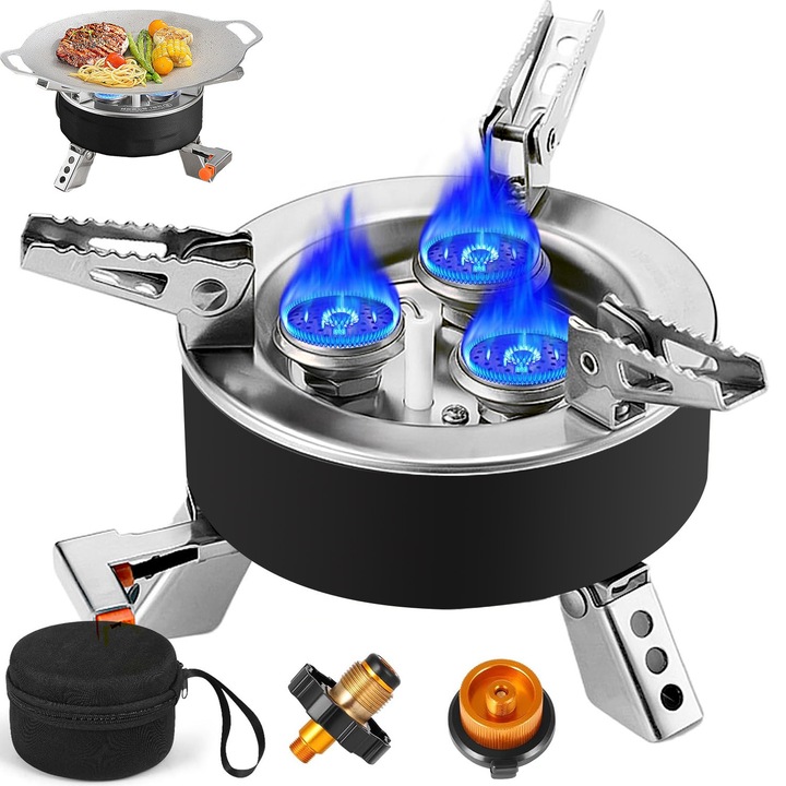 Arzator camping Juksun 8000W, negru, compact, 15x11cm, cu husa EVA