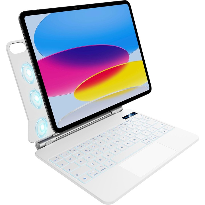Husa cu tastatura Bluetooth pentru iPad 10 generatie 2022, 7 culori iluminare, alb, cu touchpad