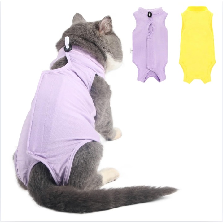 Costum de recuperare postoperatorie pentru pisici, set de 2 piese, Frumos, tesatura din bumbac elastic, previne linsul, confortabil si se muleaza pe corp, guler ajustabil, Violet si galben, S